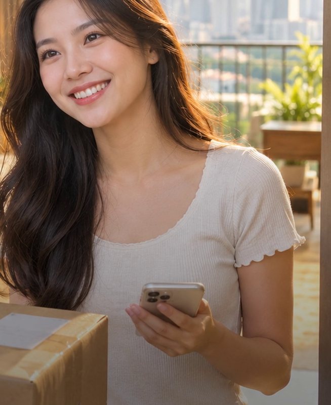 현지 집 앞에서 박스를 받는 고객